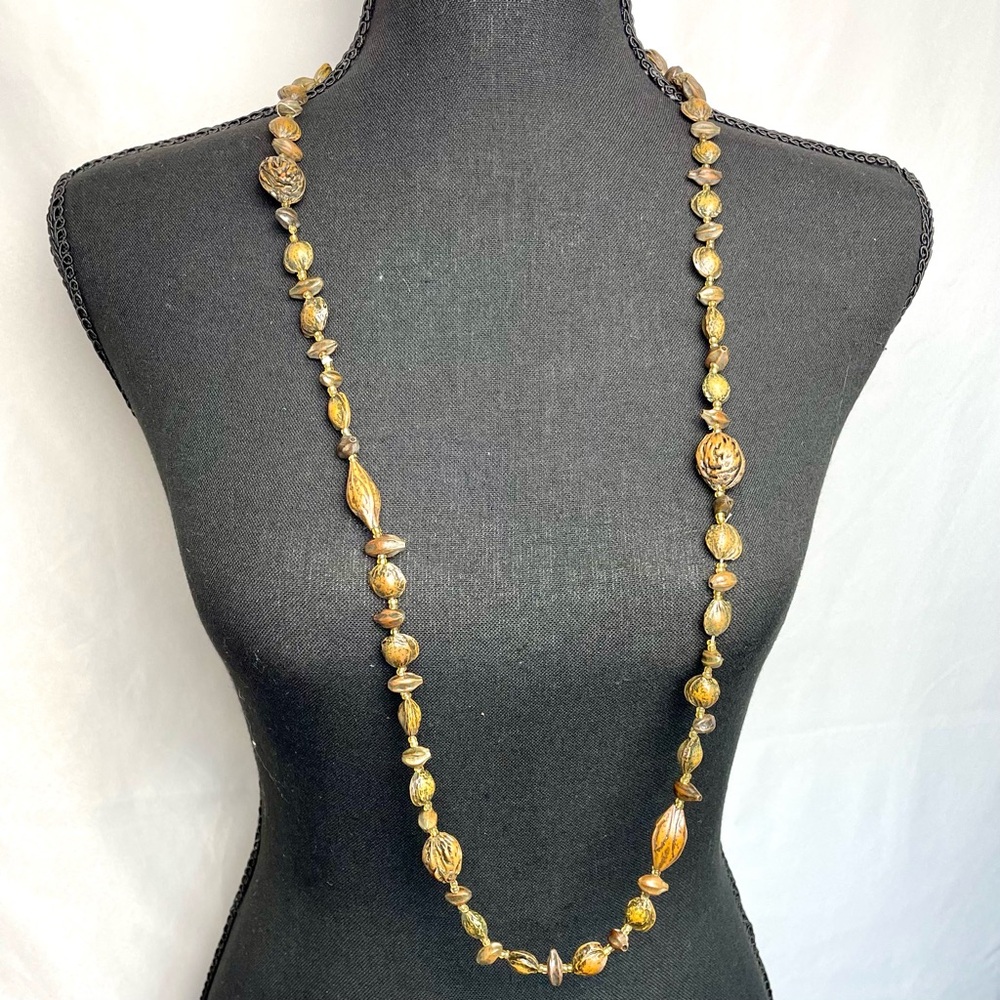 Vintage Boho Carved Bead Necklace Long Strand Natural Tagua Nut Style